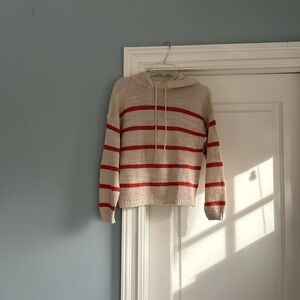 Linen cotton blend hooded sweater with orange nautical stripes